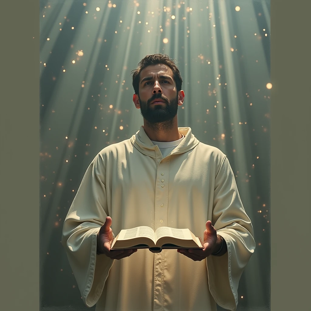 Man with a dark brown beard and very short dark brown hair in prayer robe, with the bible and divine lights all around