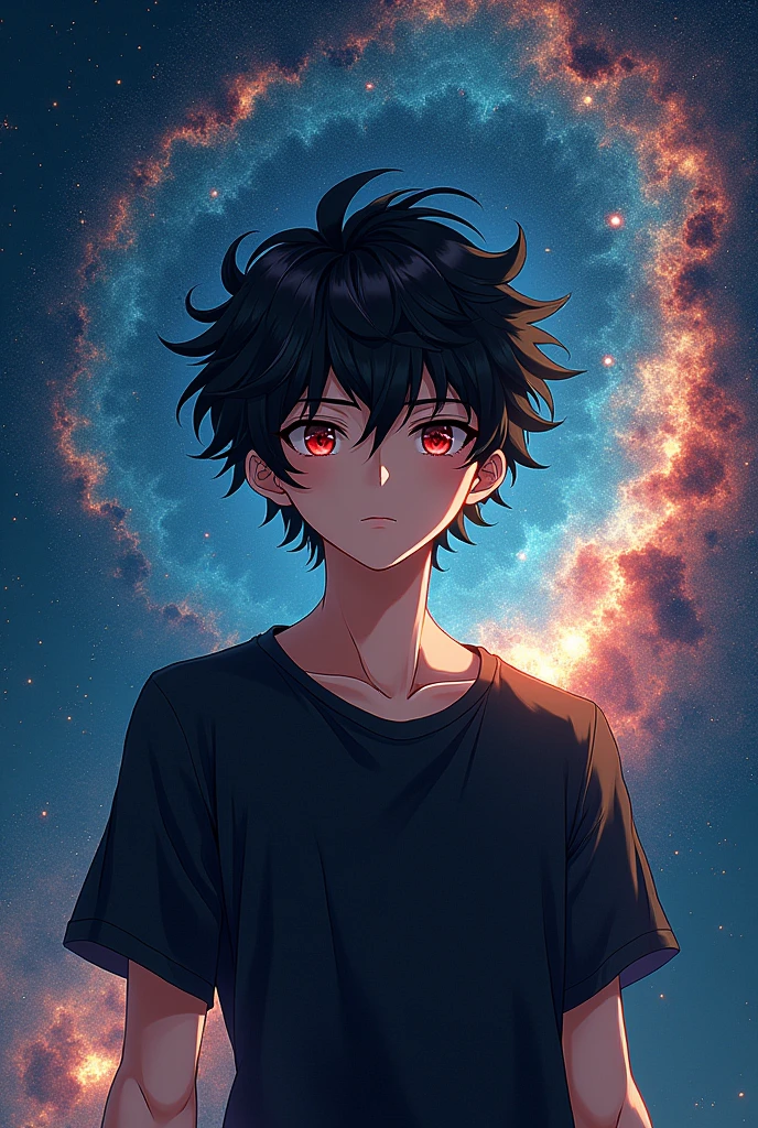 Anime boy with black curly hair surrounded by the galaxy with red eyes in 2d with a black t-shirt and surrounded by the galaxy