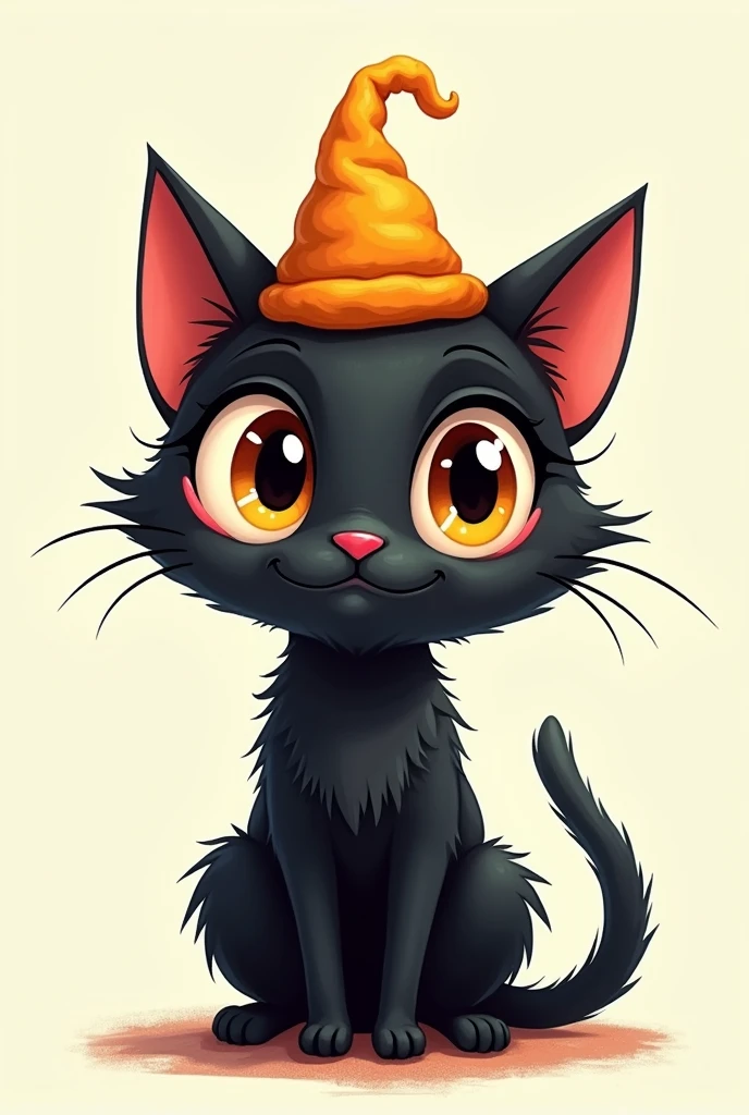 an image of a cute black spider cat with spider eyes wearing a hat and big bright eyes hand drawn style on the internet 
