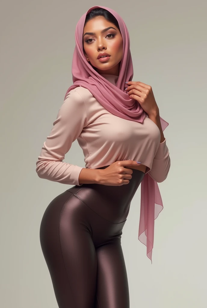 ((best quality)),pink hijab, leggings, long legs, sexy pose,