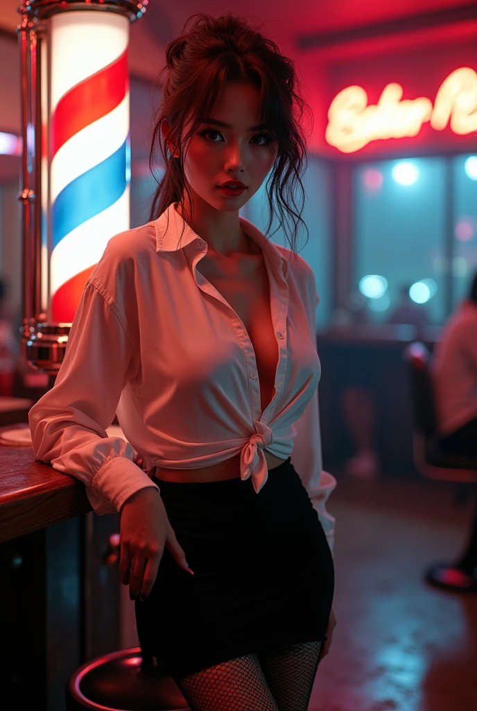 woman, beauty, High heels, Asian, Disheveled Hair, Beauty, Red Lip, barbershop, Tight Skirt, White Shirt, barber, Black Stockings, neon, barberのサインポール