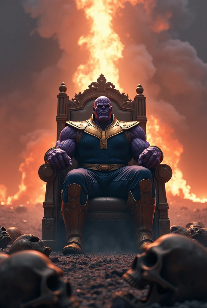 Create an image of Thanos on his throne and behind him all the dead heroes and skulls and fire
