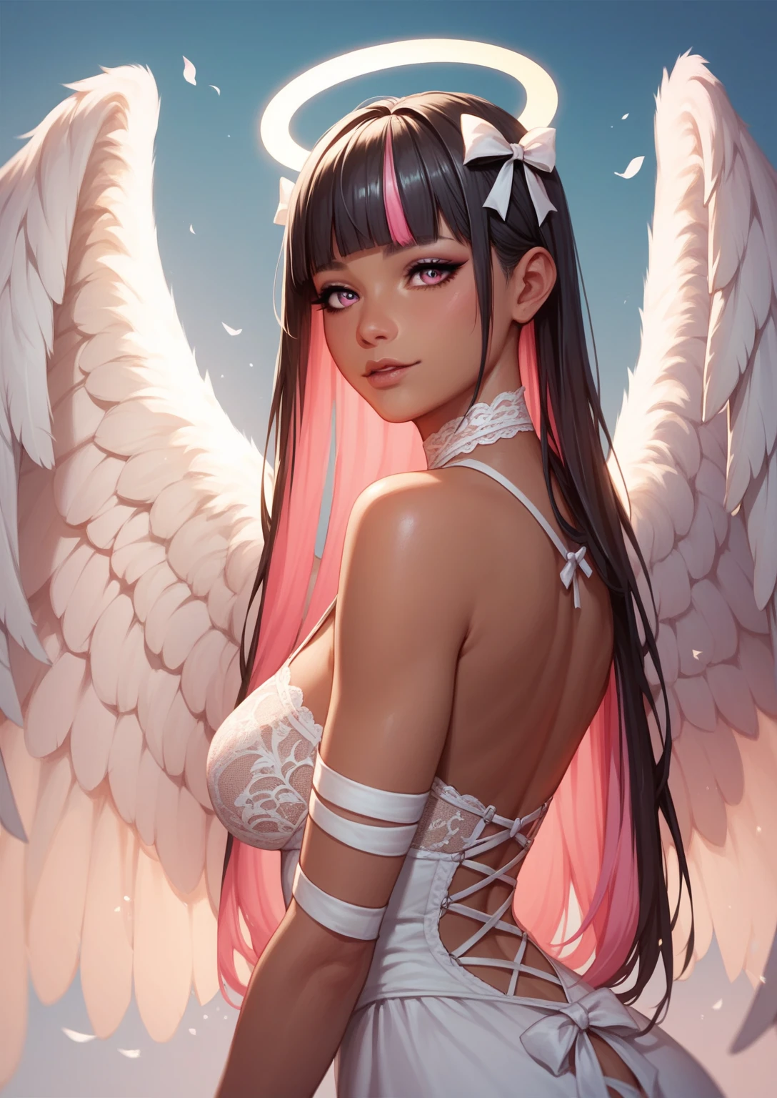 Pink angel woman very big breasts long black hair 