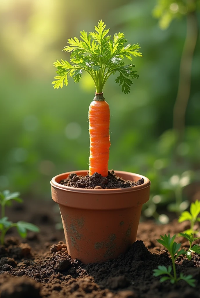 A pencil made of newspaper buried in a flowerpot and from it comes a carrot sprout