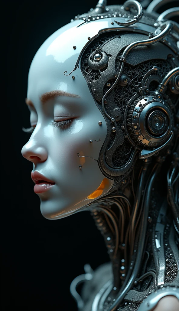 The album cover features a stylized portrait,Half of his face was rendered smooth, Metal, and futuristic style, The other half is still organic and human., Symbolizes the duality of technology and humanity.,masterpiece, best quality, (Extremely detailed CG unity 8k wallpaper), (best quality), (Best Illustration), (Best shadow), absurd, Realistic lighting, (abyss), Beautiful and delicate light, Artworks by Peter Mohr Bacher,,masterpiece, Best quality