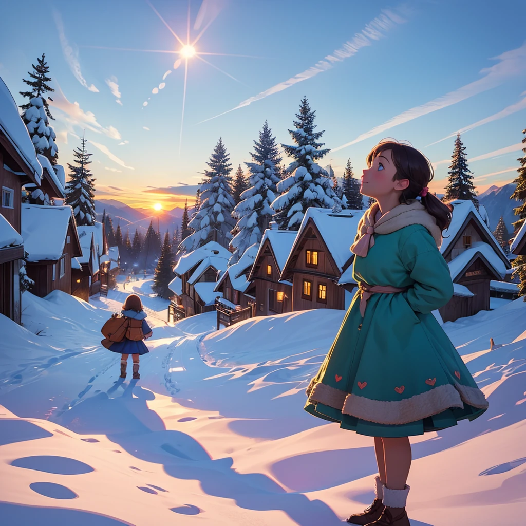Best quality, fairytale book, In a small village, as the sun dipped below the hills, a  looked up at the sky, her heart full of wonder.