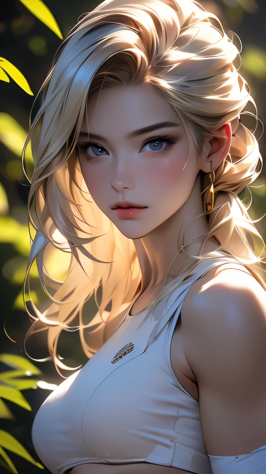 Blonde woman, Looking at this, Realistic, bodybuilder, ((Sexy white outfit and underwear)), at night forest. (Groin bulge)、masterpiece, 最high quality, high quality, High resolution、Super detailed photos、(Natural skin texture、Detailed skin、Hyperrealism、Ultra Sharpness)、Skin with attention to detail、(Very detailed、Detailed skin texture、Intricate details、Beautiful Face、(A vivid face)、Realistic eyes、Beautiful and fine details、Realistic Skin、Beautiful skins、超Realistic、Very detailed、Golden Ratio