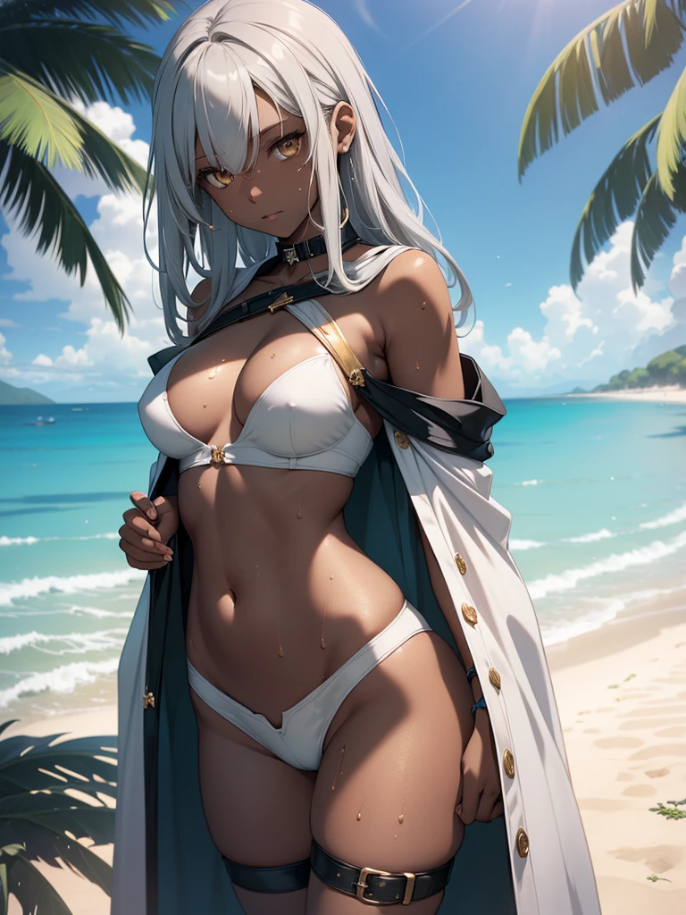 (masterpiece、top-quality、hight resolution、Unity 8k、extremely details CG:1,Best Picture), light caramel brown skin, gray hair, underwear, thighhighs, thigh strap, choker, belt, tail, tail ornament, bare shoulders, navel, (((dark skin, solo, golden eyes))), Scenes of girls in various poses on a beautiful, deserted seaside or poolside setting. The location is quiet and emphasises the beauty of nature. The girl is photographed in a variety of seductive and elegant poses. The sunlight illuminates her body and creates soft shadows, creating a warm and inviting atmosphere. The blue water, sandy beach and lush greenery in the background enhance the ideal, peaceful atmosphere. The overall mood is a blend of beauty, relaxation and enchantment. sexual arousal, ((sweating, Her hair is a soft shade of gray, slightly tousled)), nsfw