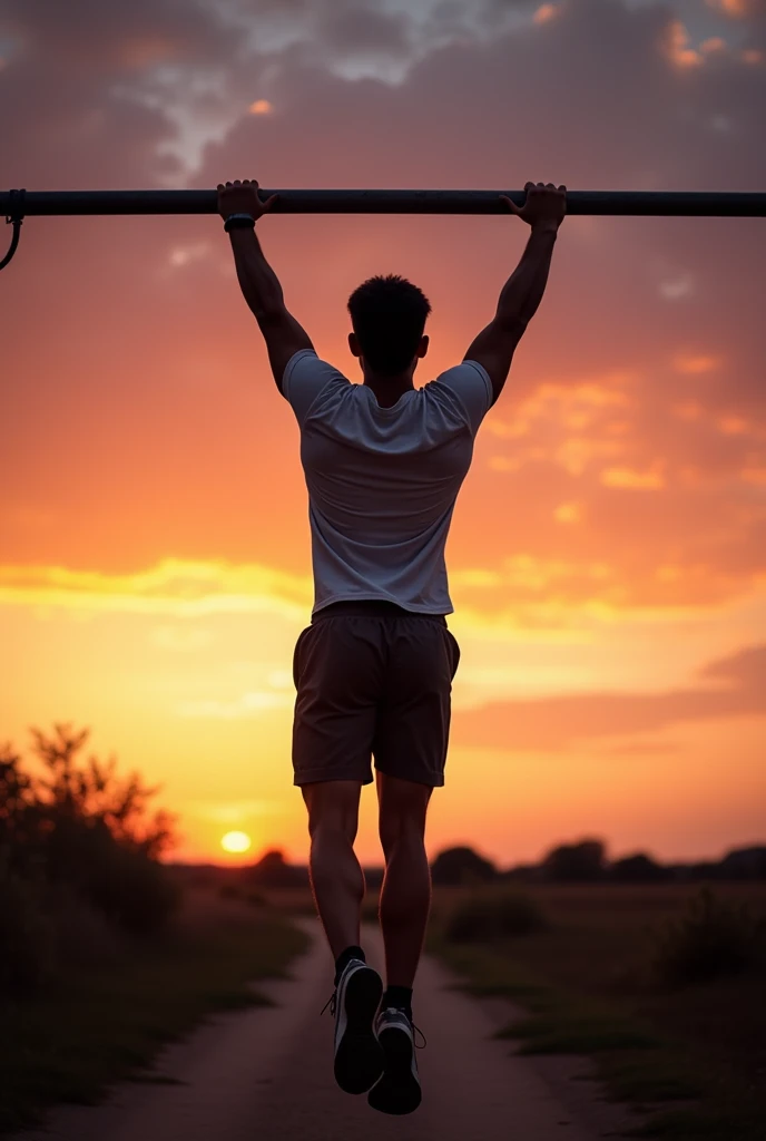 A guy with t-shirt and shorts is hanging to horizontal bar in sundown. (This picture is taken in back in far for wallpaper)