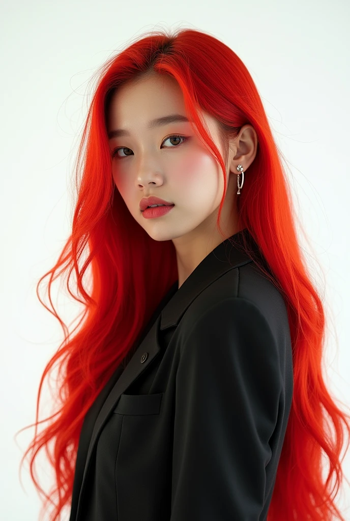 ningning with a white background behind her, a proud look and long red hair