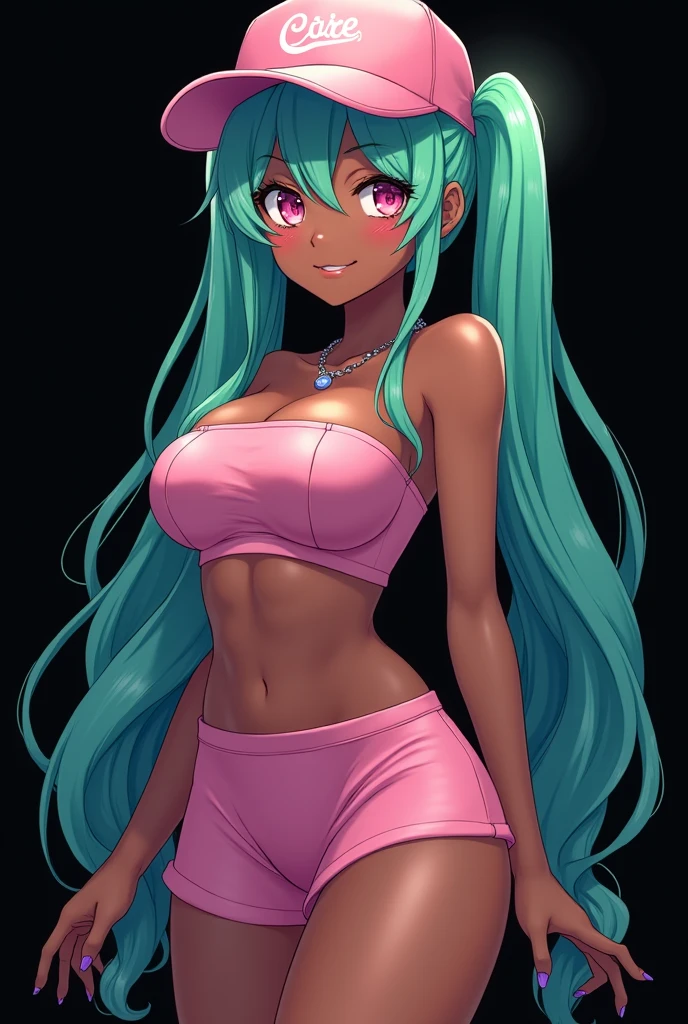 (detailed)Cute and beautiful anime woman, dark skin, teal green hair, with two pigtails, hair covering one eye, with heart-shaped pupils, with a pink cap, with a pink mini skirt and a strapless top, with platform heels, with big breasts, thick thighs, very cheerful, on a black background, standing