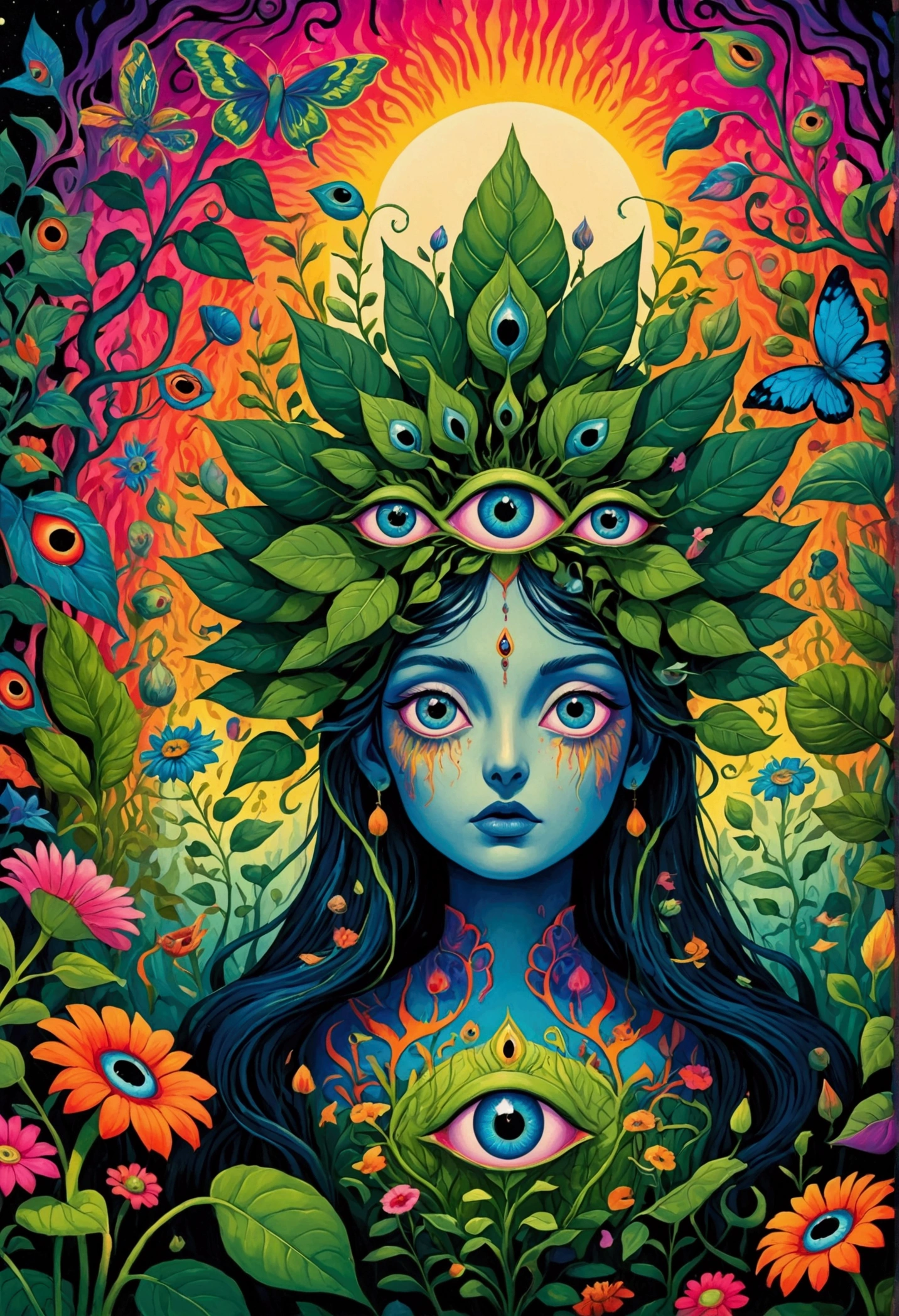 A painting，A flower with big eyes in the painting，Surrounded by plants, Psychedelic surrealist art, The Holy Grail of Brain Tree Eyes, Shaman horror LSD art, Psychedelic illustration, Popular Surrealism, Surreal psychedelic design, Exotic plants and fauna, Exotic plants, Psychedelic Art, Highly detailed surreal art, strange plants, hallucinatory art, DMT art, Psychedelic Artwork