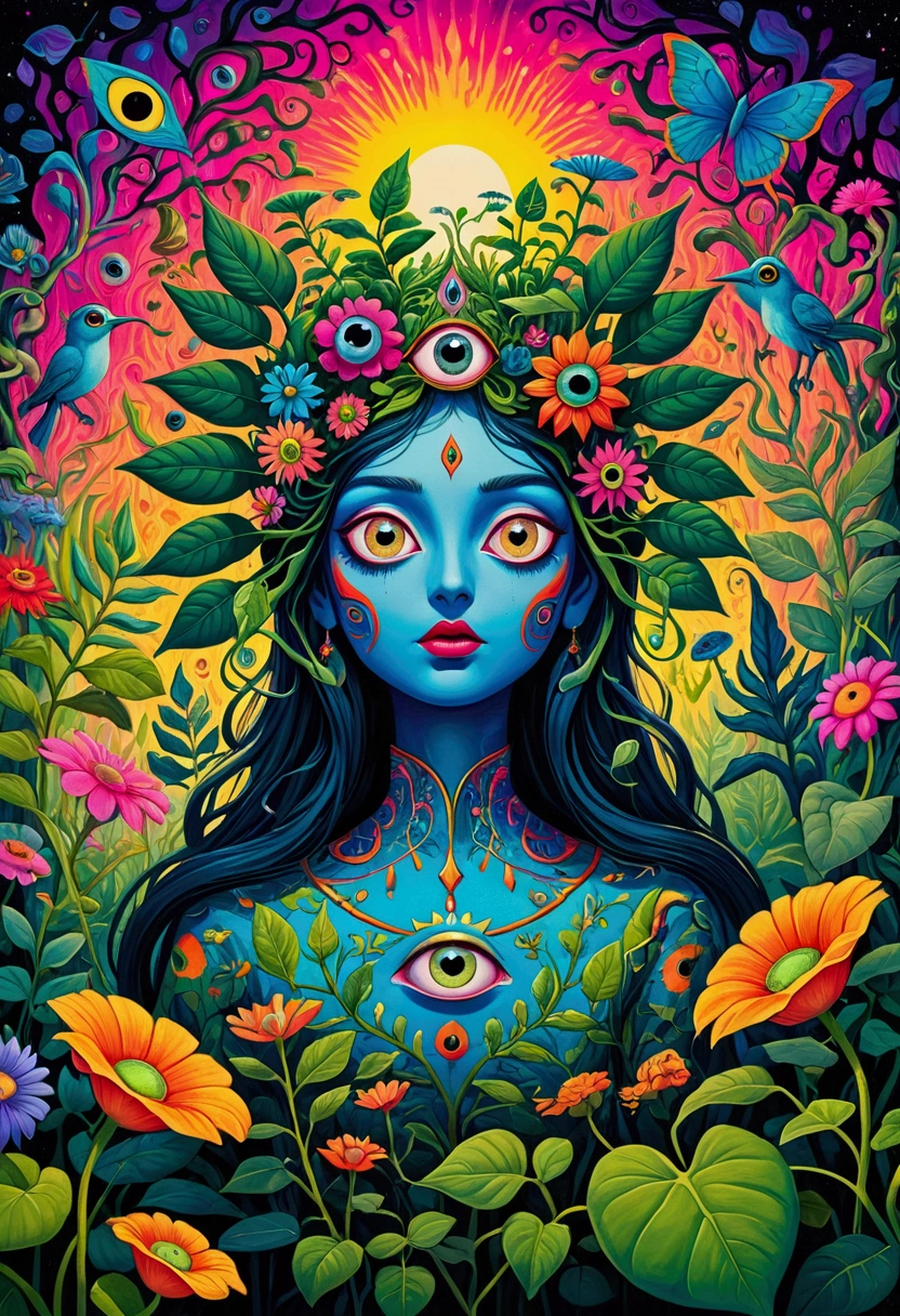 A painting,A flower with big eyes in the painting,Surrounded by plants, Psychedelic surrealist art, The Holy Grail of Brain Tree Eyes, Shaman horror ??? art, Psychedelic illustration, Popular Surrealism, Surreal psychedelic design, Exotic plants and fauna, Exotic plants, Psychedelic Art, Highly detailed surreal art, strange plants, hallucinatory art, DMT art, Psychedelic Artwork