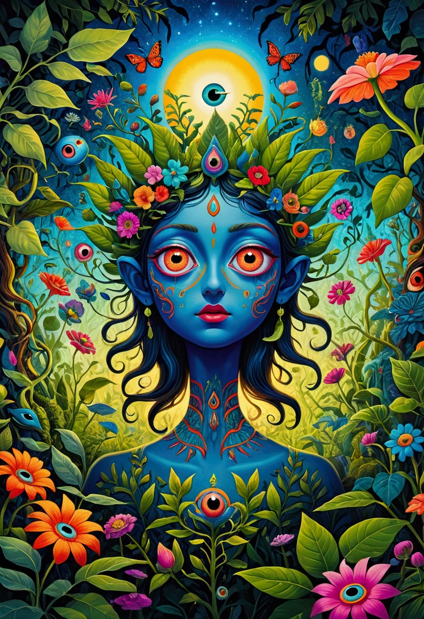 A painting，A flower with big eyes in the painting，Surrounded by plants, Psychedelic surrealist art, The Holy Grail of Brain Tree Eyes, Shaman horror LSD art, Psychedelic illustration, Popular Surrealism, Surreal psychedelic design, Exotic plants and fauna, Exotic plants, Psychedelic Art, Highly detailed surreal art, strange plants, hallucinatory art, DMT art, Psychedelic Artwork
