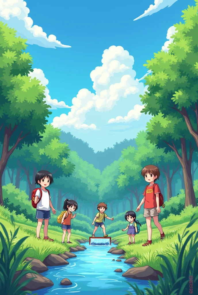 in the Conservation of natural resources such as saving water, recycling, and protecting nature. anime illustration 