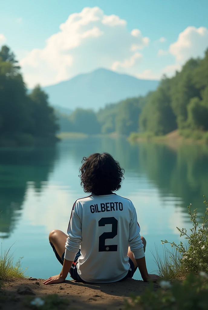 Better quality photography ((masterpiece))
A 20-year-old young man with his back turned is looking at a lake, The young man is lying on his back and on his back is the name Gilberto with the number 2 below his long-sleeved soccer shirt. He has long, curly black hair.