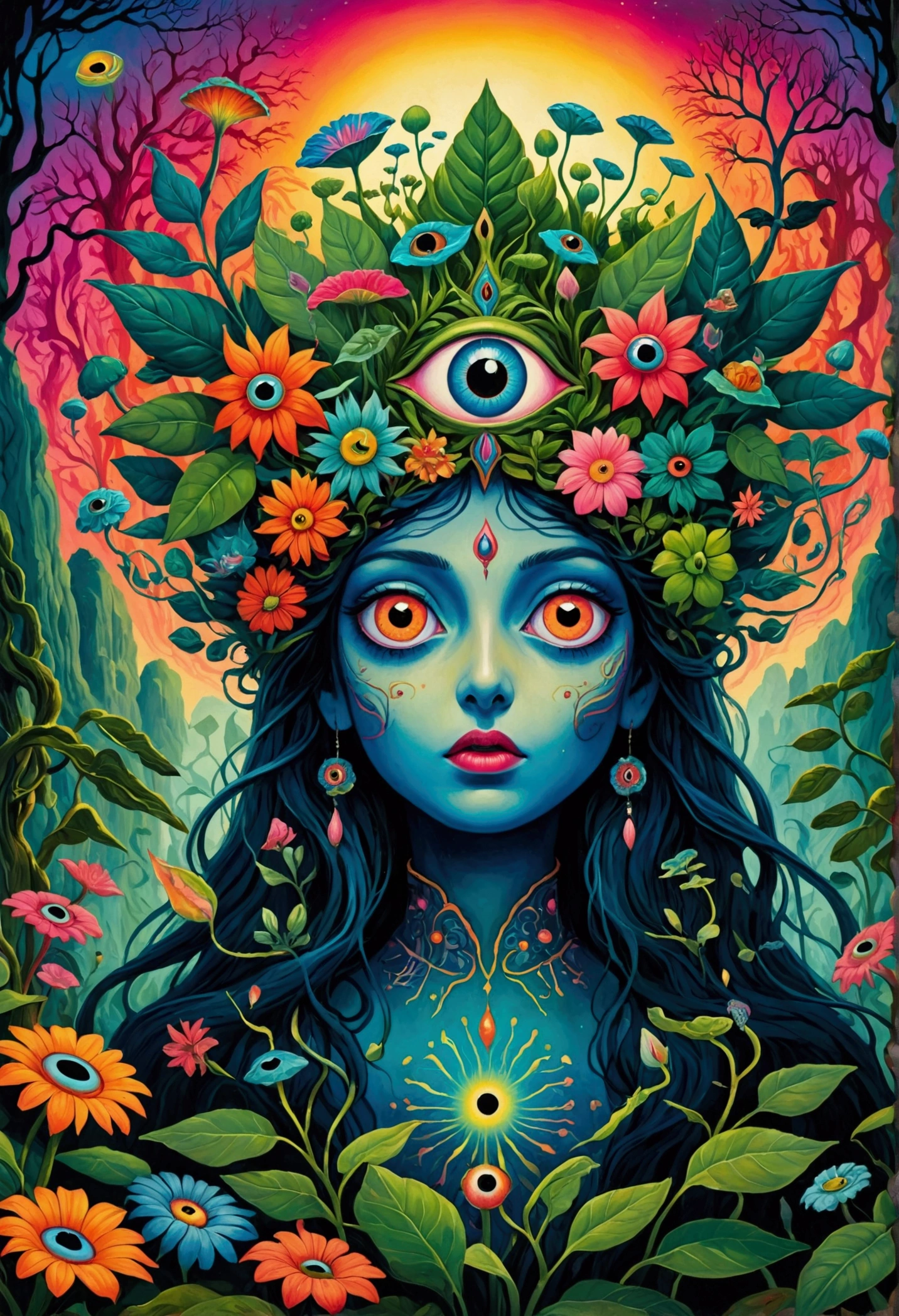 A painting，A flower with big eyes in the painting，Surrounded by plants, Surrealism inspired by Earnst Haeckel, tumblr, Psychedelic Art, Psychedelic surrealist art, The Holy Grail of Brain Tree Eyes, Shaman horror LSD art, Psychedelic illustration, Popular Surrealism, Surreal psychedelic design, Exotic plants and fauna, Exotic plants, Highly detailed surreal art, strange plants