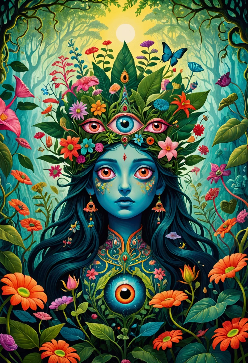 A painting,A flower with big eyes in the painting,Surrounded by plants, Surrealism inspired by Earnst Haeckel, tumblr, Psychedelic Art, Psychedelic surrealist art, The Holy Grail of Brain Tree Eyes, Shaman horror art, Psychedelic illustration, Popular Surrealism, Surreal psychedelic design, Exotic plants and fauna, Exotic plants, Highly detailed surreal art, strange plants