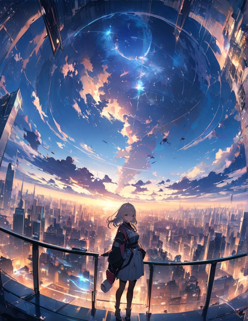 (anime)、(masterpiece:1.2),Atmospheric perspective,Lens flare、Ultra-wide background focused on、Future City、Standing on the roof、cute、another world