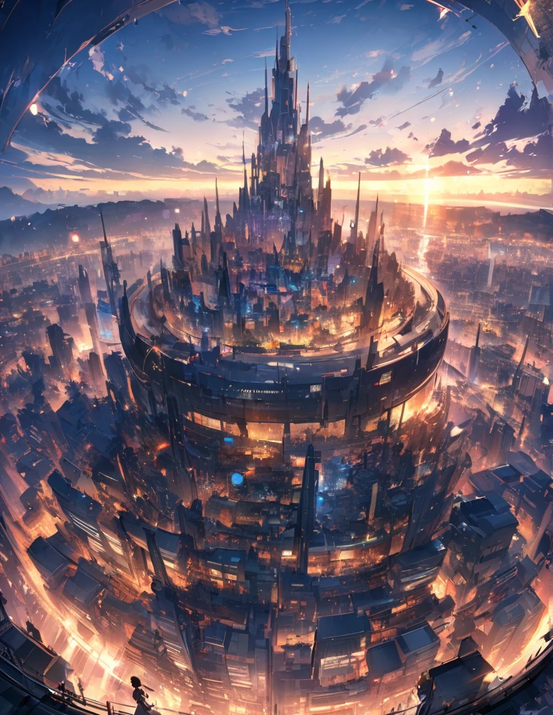 (anime)、(masterpiece:1.2),Atmospheric perspective,Lens flare、Ultra-wide background focused on、Future City、Standing on the roof、cute、another world