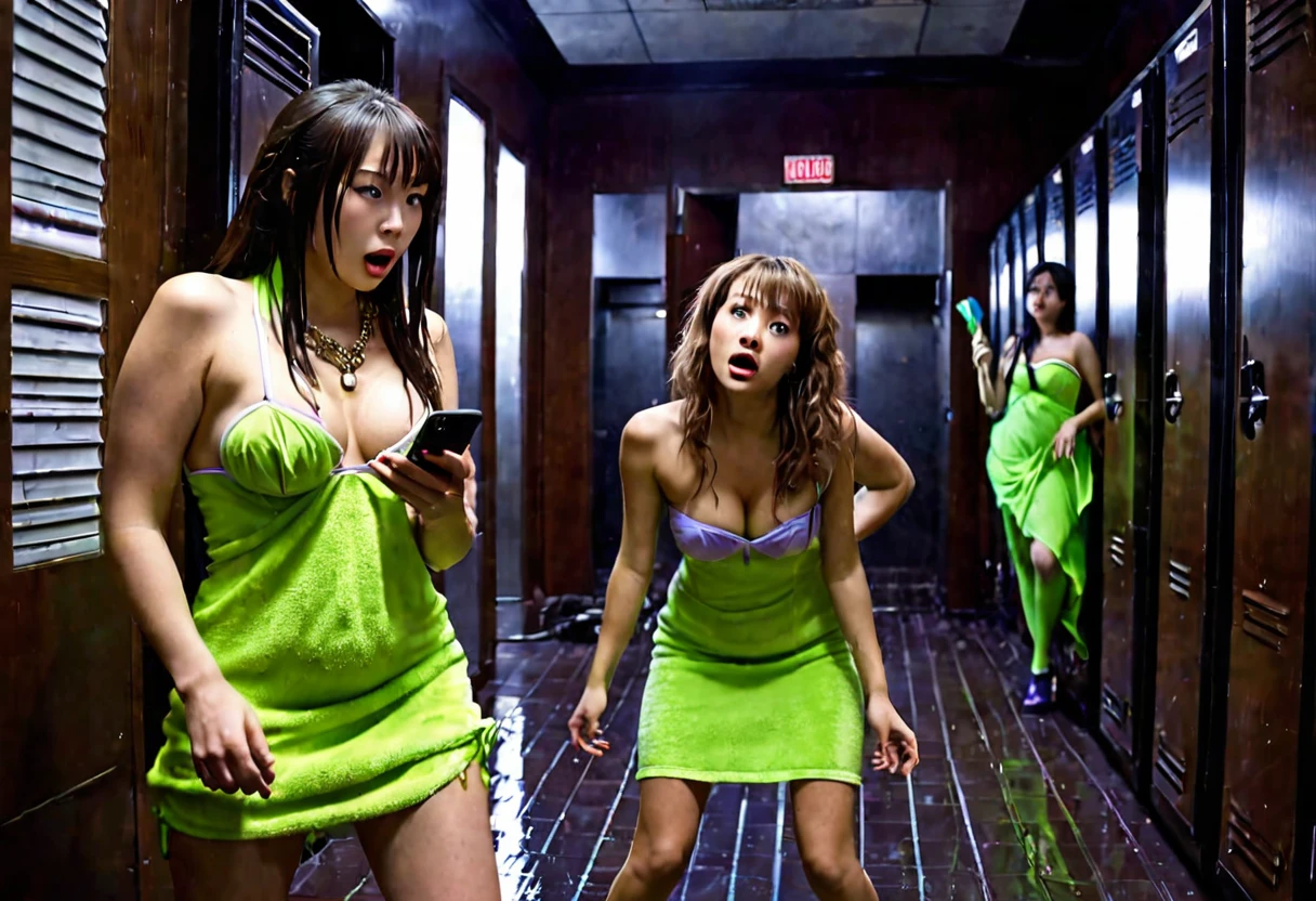 (slime vore) Three gorgeous women (varied height, varied weight, varied race, wearing a towel or less, crazy hairdo, crazy jewelry, tend towards fit and hourglass figure) they are scared and struggling a steamy women's locker room, being caught by tentacles which forcefully restrain their arms and legs while being absorbed by horror monster 'The Blob', damsel in distress, damsel demise. One woman is live streaming about how scared she is while holding her cell phone
