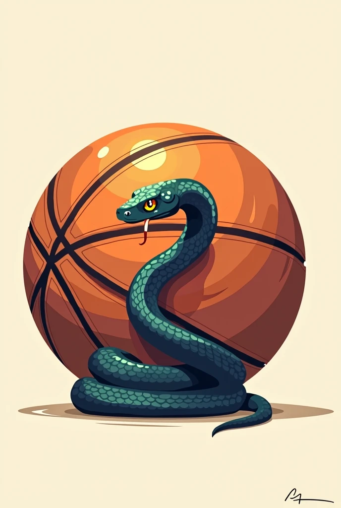 Drawing of a snake, rolled up, in a basketball, simple for a logo