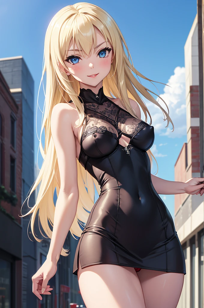 NSFW, (girl),((optimal quality)), ((Masterpiece)), (A detailed: 1.4),face red,perspire The ultimate masterpiece,(fidelity:1.2),(sexy),(Huge chest), Open crotch, Open legs, (Smooth: 1.1), (Cutes: 0.9), (shiny: 1.1),, red lips, cute girl, anime, cute pose, super small translucent lace lingerie,g string mini thong, (big breast), big ass, detailed lines, 8k image, no blur, perfect realistic nipples, sexy closed smile, erotic, super small sexy armor,detailed realistic vagina, michievous smile, hottest girl in the world, dominant gestures, super small short dress, top of a building, tights, blonde, cutest girl on earth, micro super small bra, light blue, gantz like suit, blue eyes, half naked