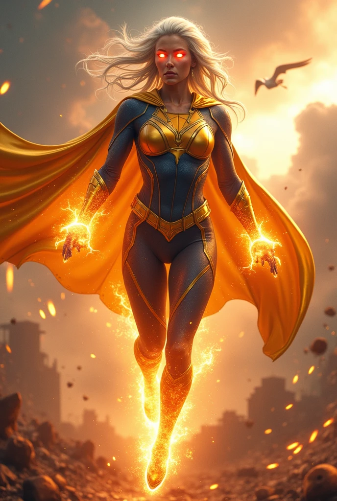 female superhero, tattooed, white hair, cape, gold blue super hero costume, blue skirt, flying heroically, cinematic shot, windy, heat vision, destruction, rage, heat vision projected from eyes, glowing eyes, shooting red hot laser beams from her eyes, short golden cape