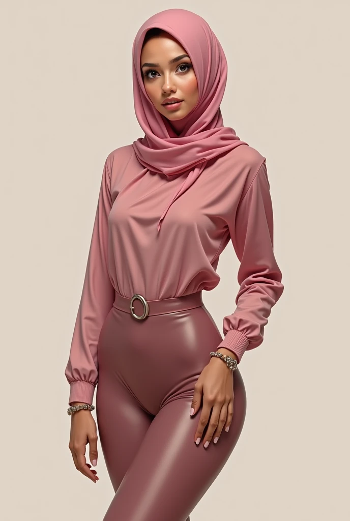 ((best quality)),pink hijab, leggings, long legs, sexy pose,