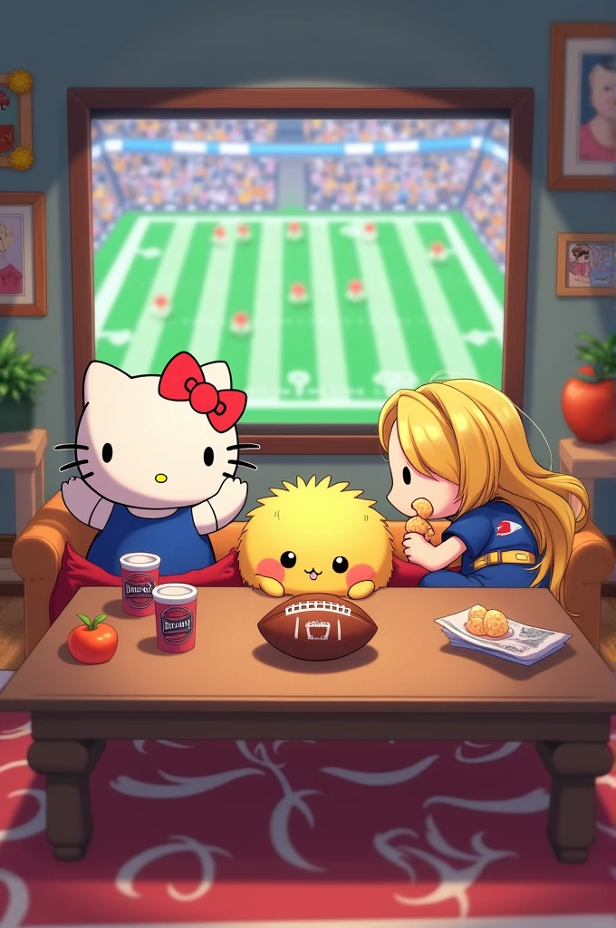 hello kitty, rapunzel and pompopurin watching american football
