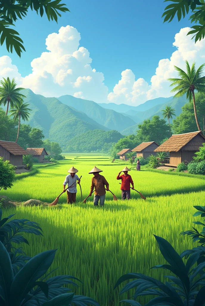 Describe a rural scene in Indonesia with a backdrop of vast, lush green rice fields. In the middle of the rice fields, there are several farmers who are carrying out activities, such as planting rice or harvesting. They wear traditional farmer clothing and use traditional farming tools such as hoes or sickles. In the background, there are people's houses made from natural materials such as bamboo or wood with thatched roofs. Around the house, there are vegetable plants and tropical trees which add to the beauty of the village. The bright atmosphere with blue skies and a few white clouds gives a calm feel