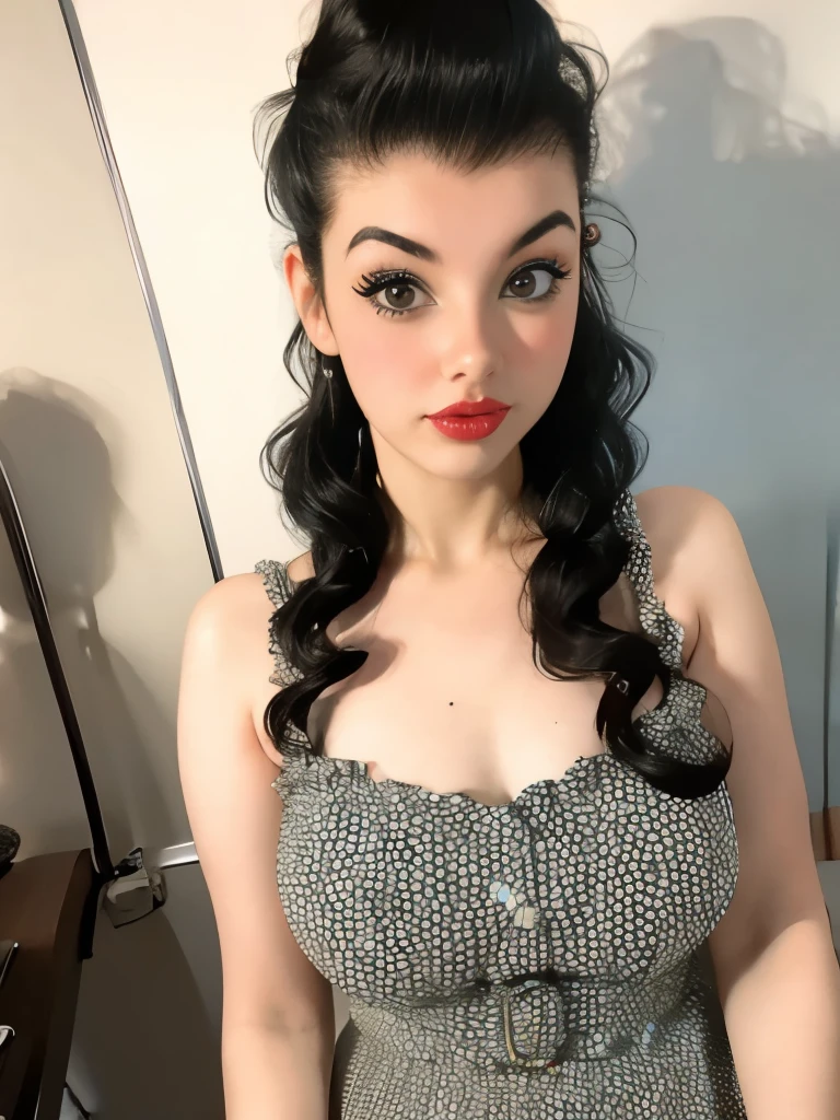 araffe woman in a polka dot dress posing for a picture, a photo by Elena Guro, tumblr, pop art, pinup style, pinup pose, sixties pinup, pin up, pinup, rockabilly style, pin up girl, 5 0 s style, 50s style, rockabilly, pinup model, pin-up, pin - up, girl pinup