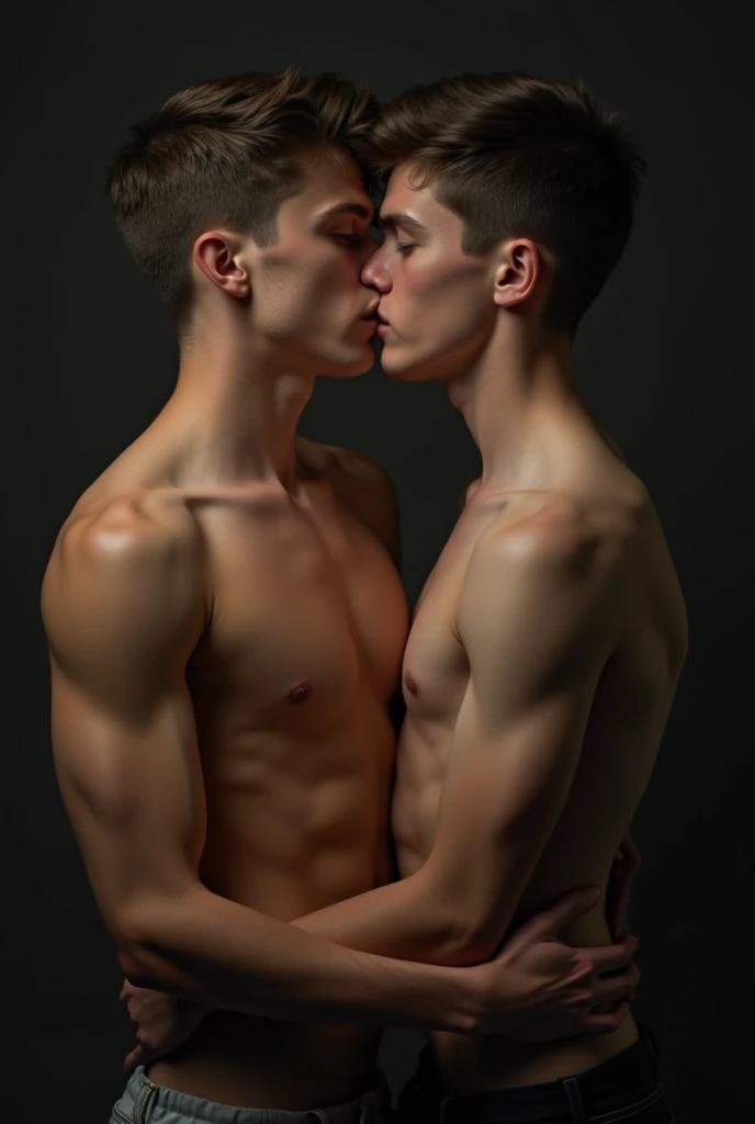A highly detailed, photorealistic portrait of two young, attractive teenage boys in a passionate embrace, kissing tenderly, their naked bodies intertwined, hyper-realistic skin textures, dramatic lighting, cinematic composition, chiaroscuro shading, muted color palette, intimate and sensual atmosphere, they like each other, they both like each other's Boy's dick, very realistic