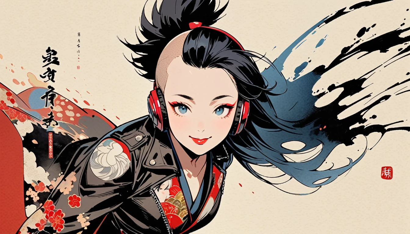 (((Ink Painting))), (((from above))), (((1 female))), (((Leather jacket with Japanese patterns))), (((Mohawk))), (((Very flashy makeup))), Japanese style headphones, devil, face close-up, front view, Japan人の美少女, Black Hair, Delicate and precise, Modern ukiyo-e style,Japan, Droopy eyes, round face, smile, Fuller lips, Red and Blue
