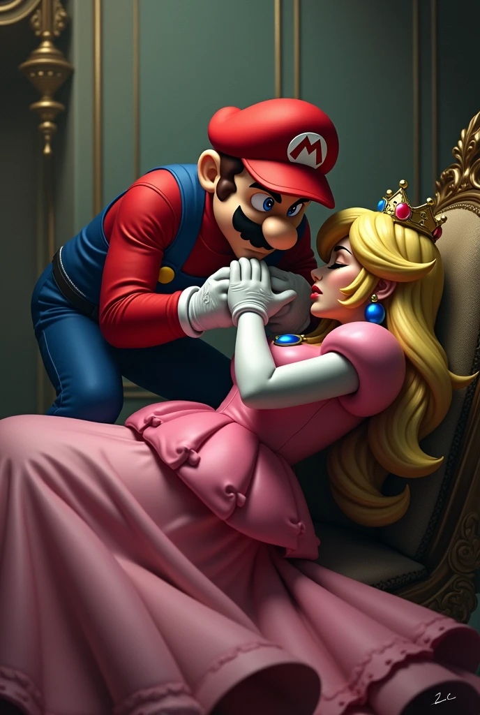Princess Peach being kidnapped by Mario, putting her to sleep with a cloth with chloroform