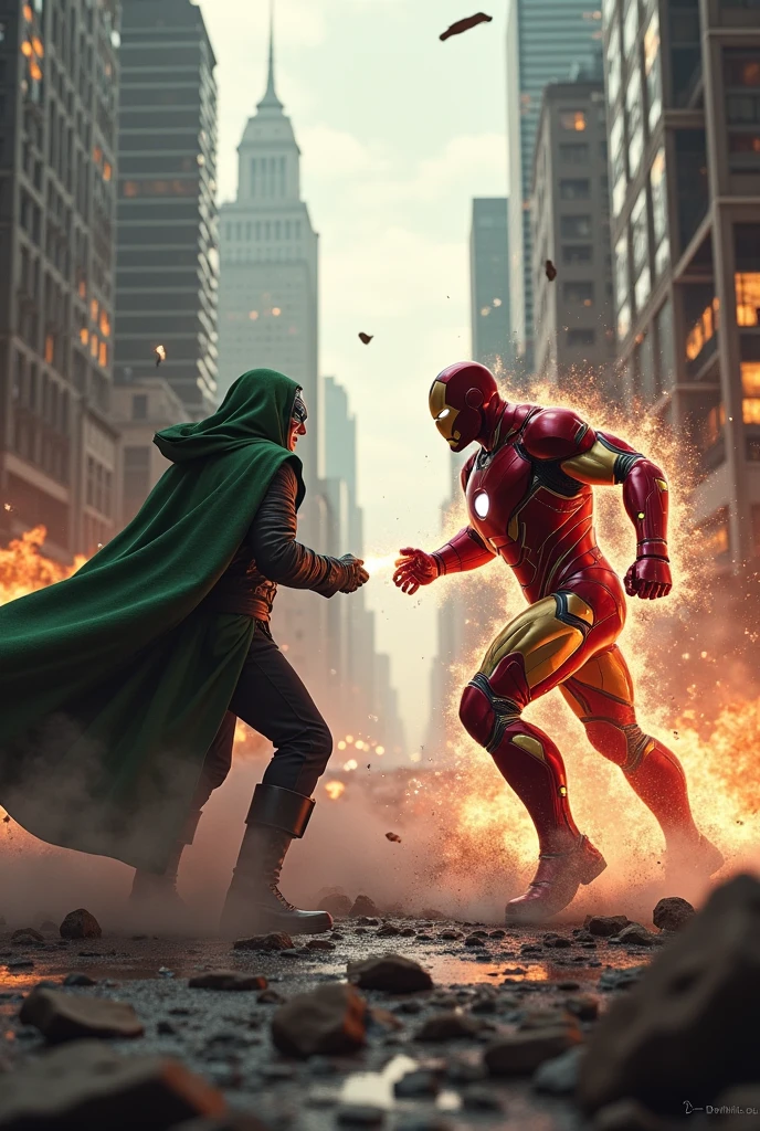 "An intense scene where a woman wearing a hijab and a flowing brown dress is overpowering a futuristic armored superhero. The woman is holding a large rock in one hand, preparing to strike, while her other hand is pinning the hero, who is wearing a red and gold suit of advanced armor with glowing lights. The background is a chaotic battlefield with debris and dust flying around, creating a dramatic and action-filled atmosphere."