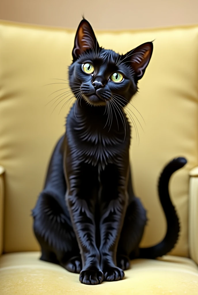A black cat with tabby stripes.Sitting on the light yellow cushion in a very relaxed but still curious posture.His tail curls naturally to his forelegs.The orbs of his eyes are green.The pupils are amber, staring at a certain place curiously.