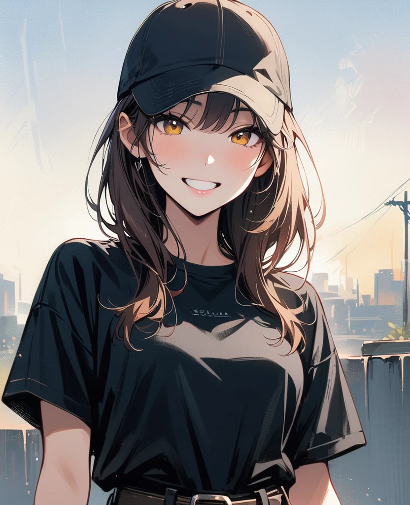 (masterpiece, Highest quality:1.2), 1 person, alone，Casual wear，Happy，black t-shirts，Yellow Eyes，shoulder-length brown hair，
