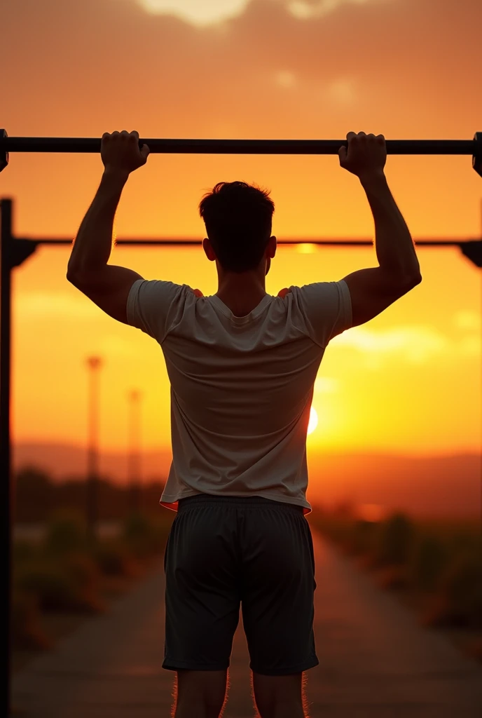A guy with t-shirt and shorts is hanging to horizontal bar in sundown. (This picture is taken in back in far for wallpaper of redmi note 12 4g)