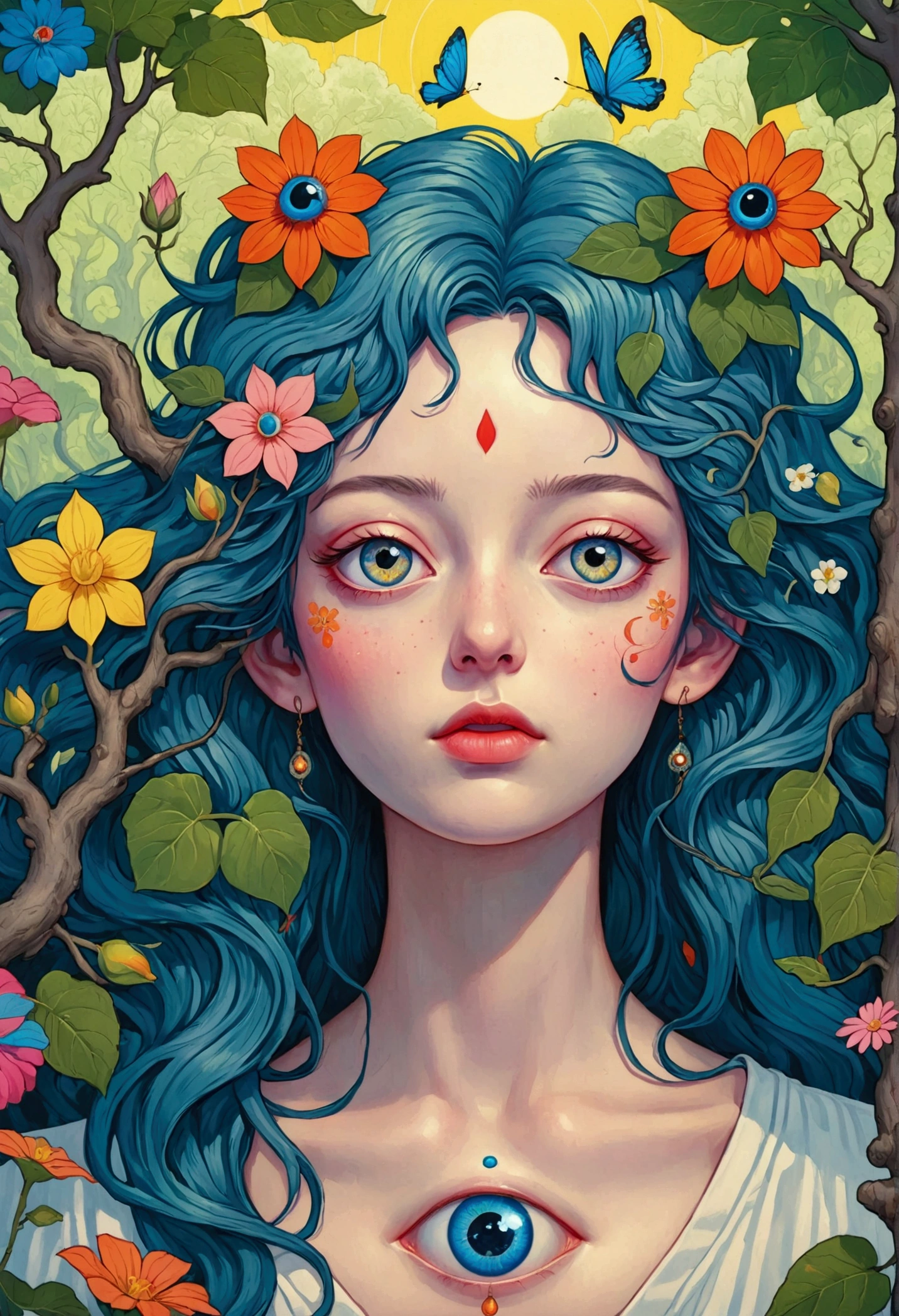 Close up of a poster with a flower and a tree, beeping sounds and james jean, Psychedelic illustration, 超realism design, psychedelic 超realism art, 超realism + Very detailed, The Holy Grail of Brain Tree Eyes, 超realism psychedelic design, realism | beeping sounds, 4 k surrealism, beeping sounds. hyperrealism, author：Justin Gerard, hyper超realism, Otherworldly visuals