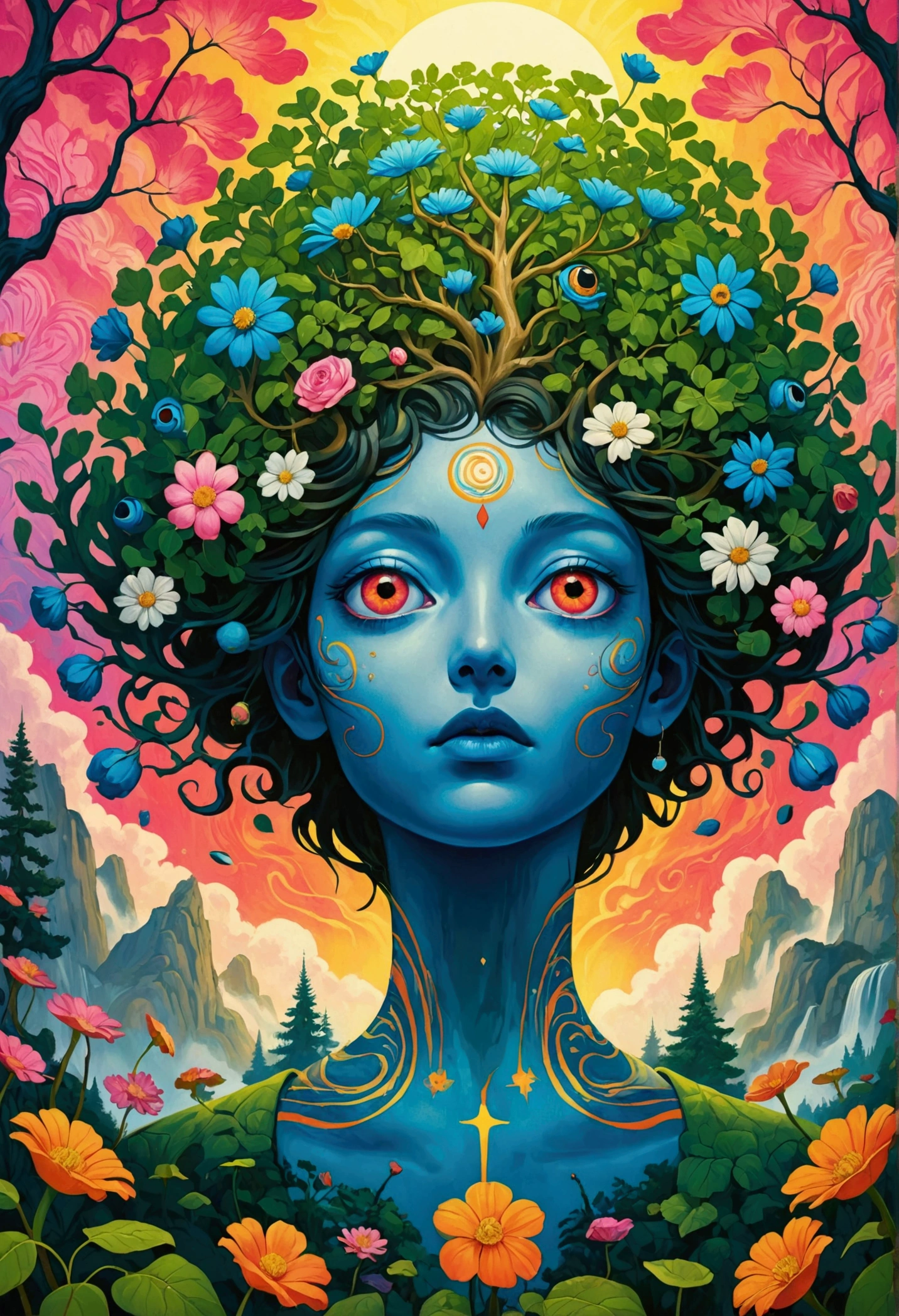 Close up of a poster with a flower and a tree, a 超realismist painting by Justin Gerard, Winner of the Behance competition, Psychedelic Art, beeping sounds and james jean, Psychedelic illustration, 超realism design, psychedelic 超realism art, 超realism + Very detailed, The Holy Grail of Brain Tree Eyes, 超realism psychedelic design, realism | beeping sounds, 4 k surrealism