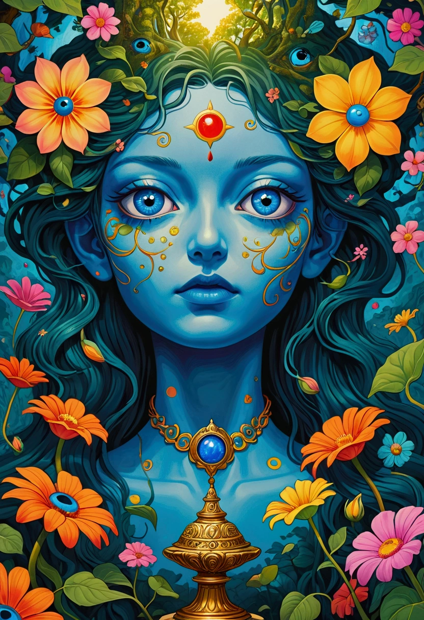 Close up of a poster with a flower and a tree, a 超realismist painting by Justin Gerard, Winner of the Behance competition, Psychedelic Art, beeping sounds and james jean, Psychedelic illustration, 超realism design, psychedelic 超realism art, 超realism + Very detailed, The Holy Grail of Brain Tree Eyes, 超realism psychedelic design, realism | beeping sounds, 4 k surrealism