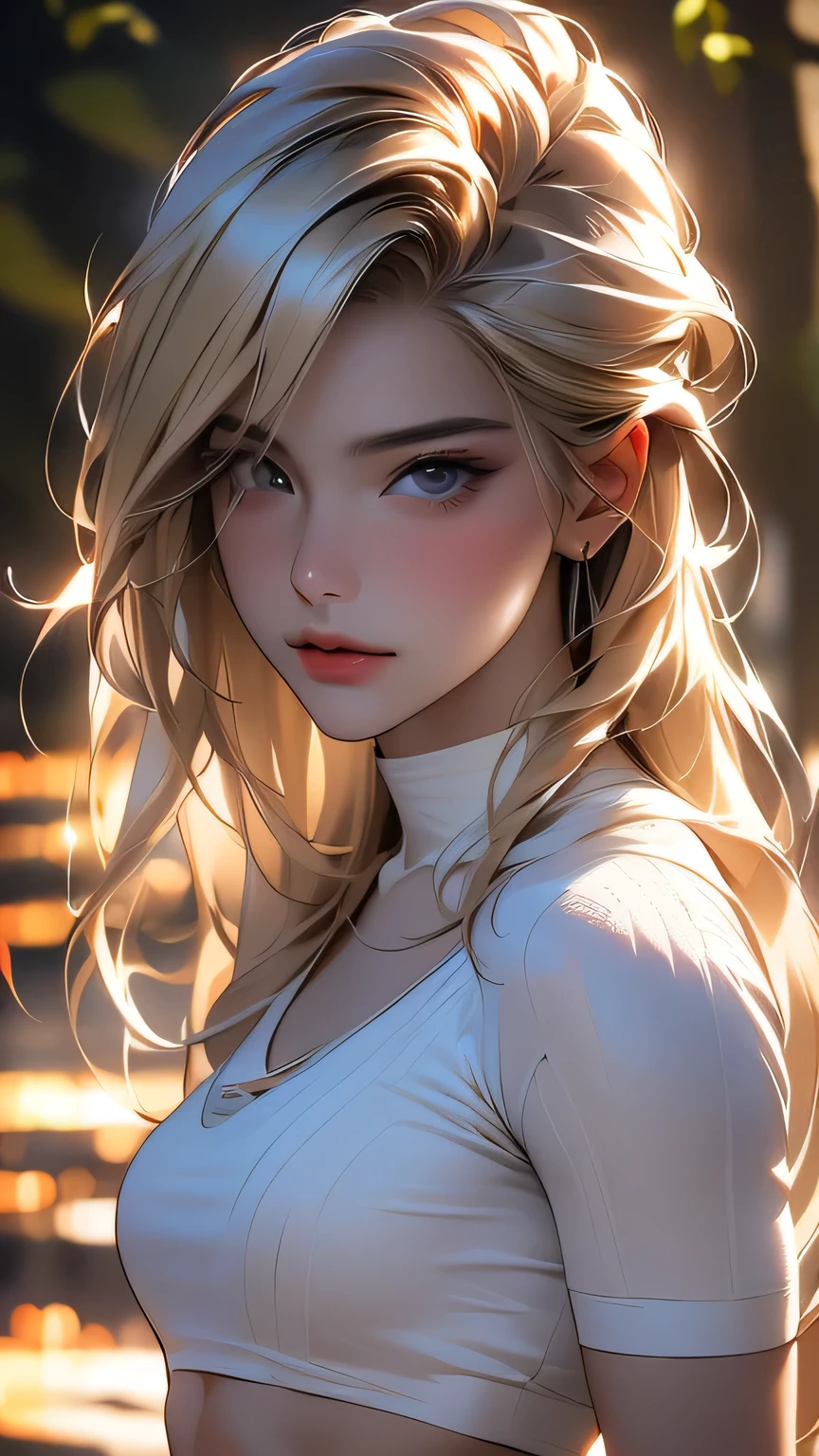 Blonde woman, Looking at this, Realistic, bodybuilder, ((Sexy white outfit and underwear)), at night forest. (Groin bulge)､masterpiece, 最high quality, high quality, High resolution、Super detailed photos、(Natural skin texture、Detailed skin、Hyperrealism、Ultra Sharpness)、Skin with attention to detail、(Very detailed、Detailed skin texture、Intricate details、Beautiful Face、(A vivid face)、Realistic eyes、Beautiful and fine details、Realistic Skin、Beautiful skins、超Realistic、Very detailed、Golden Ratio