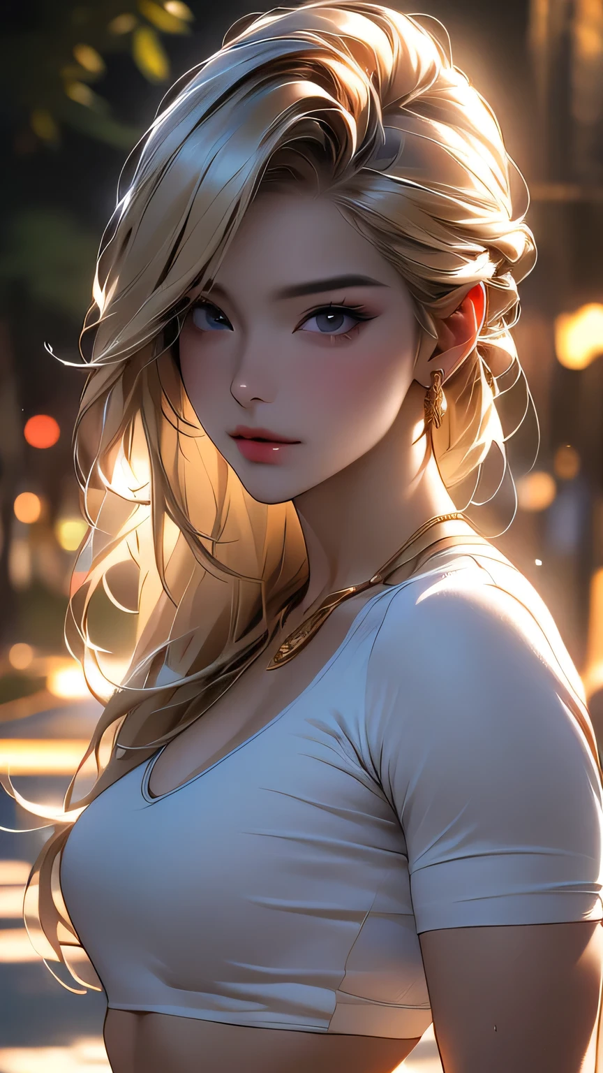 Blonde woman, Looking at this, Realistic, bodybuilder, ((Sexy white outfit and underwear)), at night forest. (Groin bulge)､masterpiece, 最high quality, high quality, High resolution、Super detailed photos、(Natural skin texture、Detailed skin、Hyperrealism、Ultra Sharpness)、Skin with attention to detail、(Very detailed、Detailed skin texture、Intricate details、Beautiful Face、(A vivid face)、Realistic eyes、Beautiful and fine details、Realistic Skin、Beautiful skins、超Realistic、Very detailed、Golden Ratio