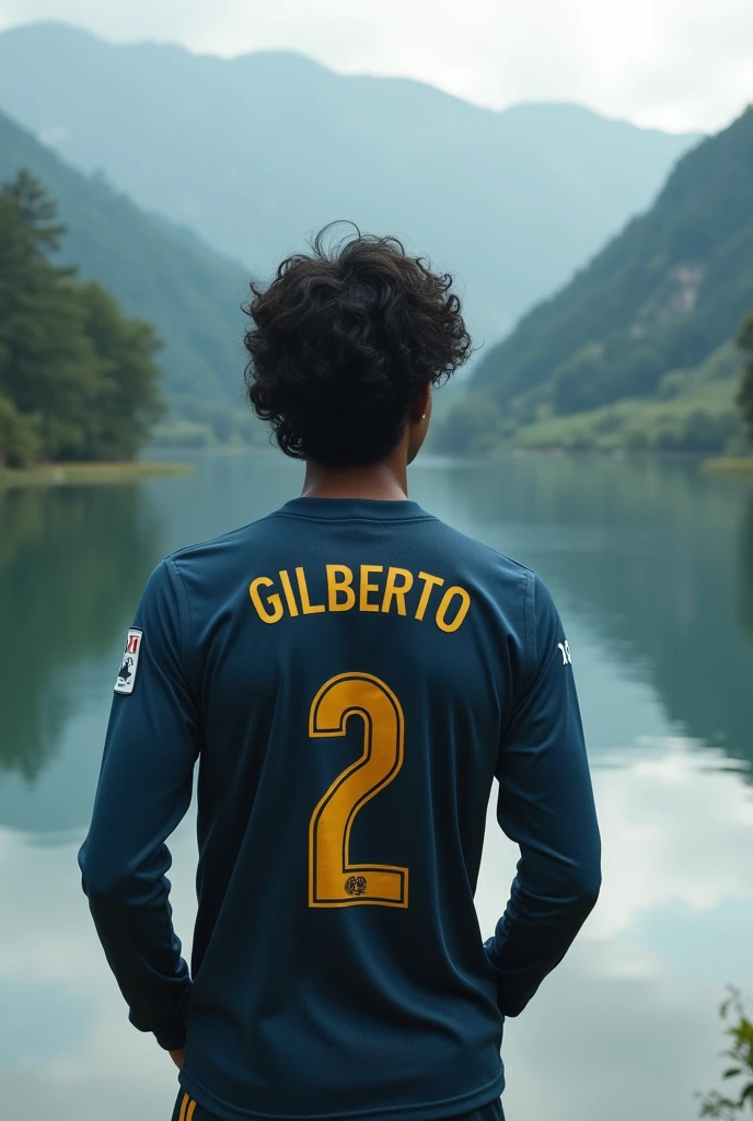 Better quality photography ((masterpiece))
A 20-year-old young man with his back turned is looking at a lake, The young man is facing away and on his back is the name Gilberto with the number 2 below his long-sleeved soccer shirt. He has slightly long, curly black hair. Epic reality. 