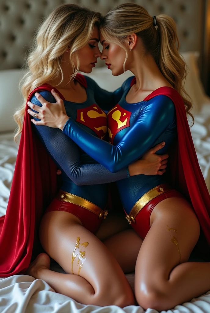2 INTIMATE SUPERGIRLS HAVING HOT PASSIONATE SEX IN BED. WEARING IDENTICAL SUPERGIRL OSTUMES AND CAPES. ONE EATING THE OTHERS WET CUM COVERED PUSSY.