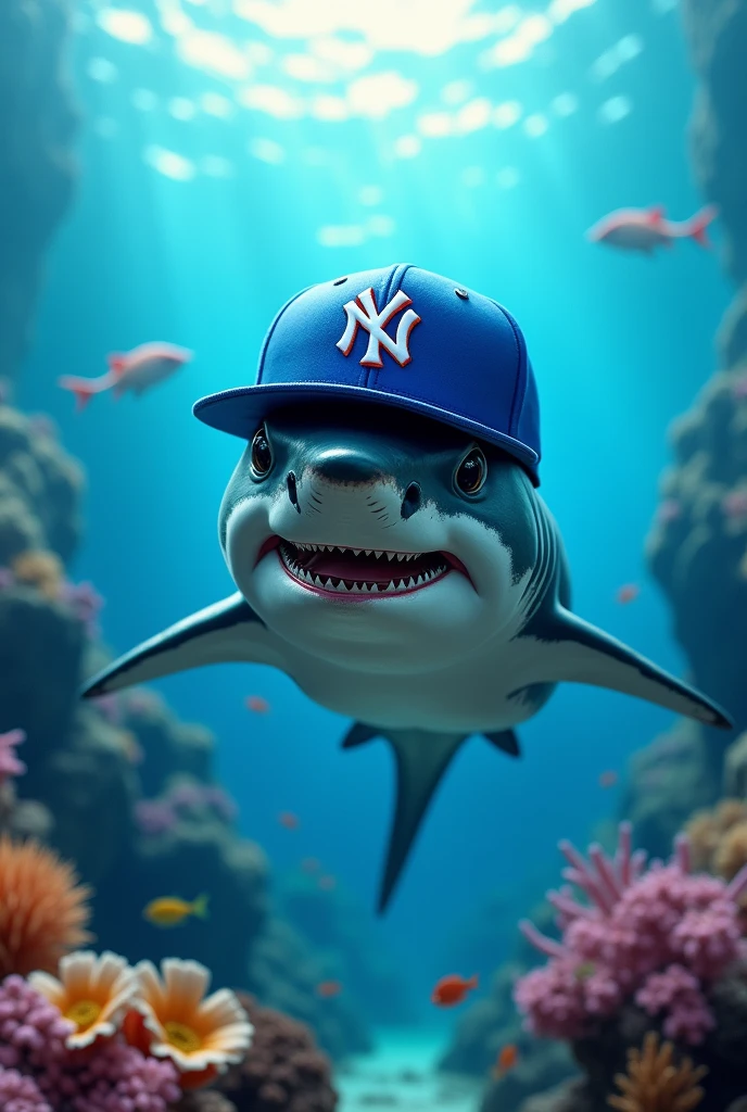 shark with blue new era cap
