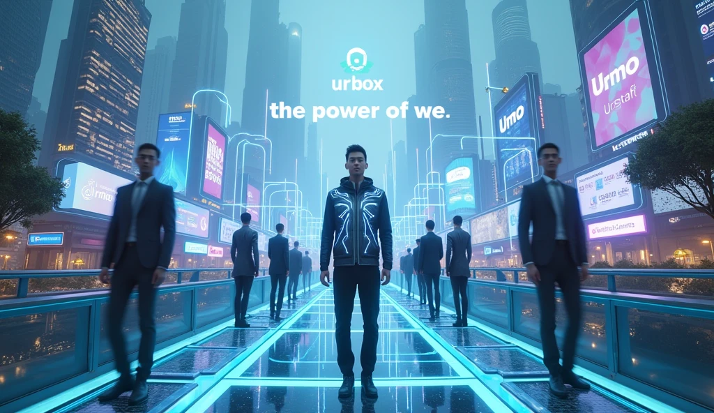 Panoramic ultra-wide angle camera The scene is a sci-fi futuristic city with modern architecture, sprawling trees, and blue-purple LED lights covering the buildings. In the sky, the UrBox logo and the words "The Power of We" shine brightly, right in the center of the image, full of power in the middle of the scene, with silver, bright purple and green tones, emphasizing the connection between technology and people. Hologram billboards on the buildings with the words "JOMO", "URGIFT", "PS", "URSTAFF", "URPOINT", "URCARD". The main character is an Asian male, wearing a shiny silver tech vest with light-emitting details. He stands firmly on the transparent glass bridge, turns his back, leads, holds a smartphone in his hand, his eyes confidently looking forward. Blue light beams from technology devices connect to the entire city. Behind the character, a team of employees, in agreement with him, are holding phones or laptops, connecting to each other and to the city with a digital light beam.