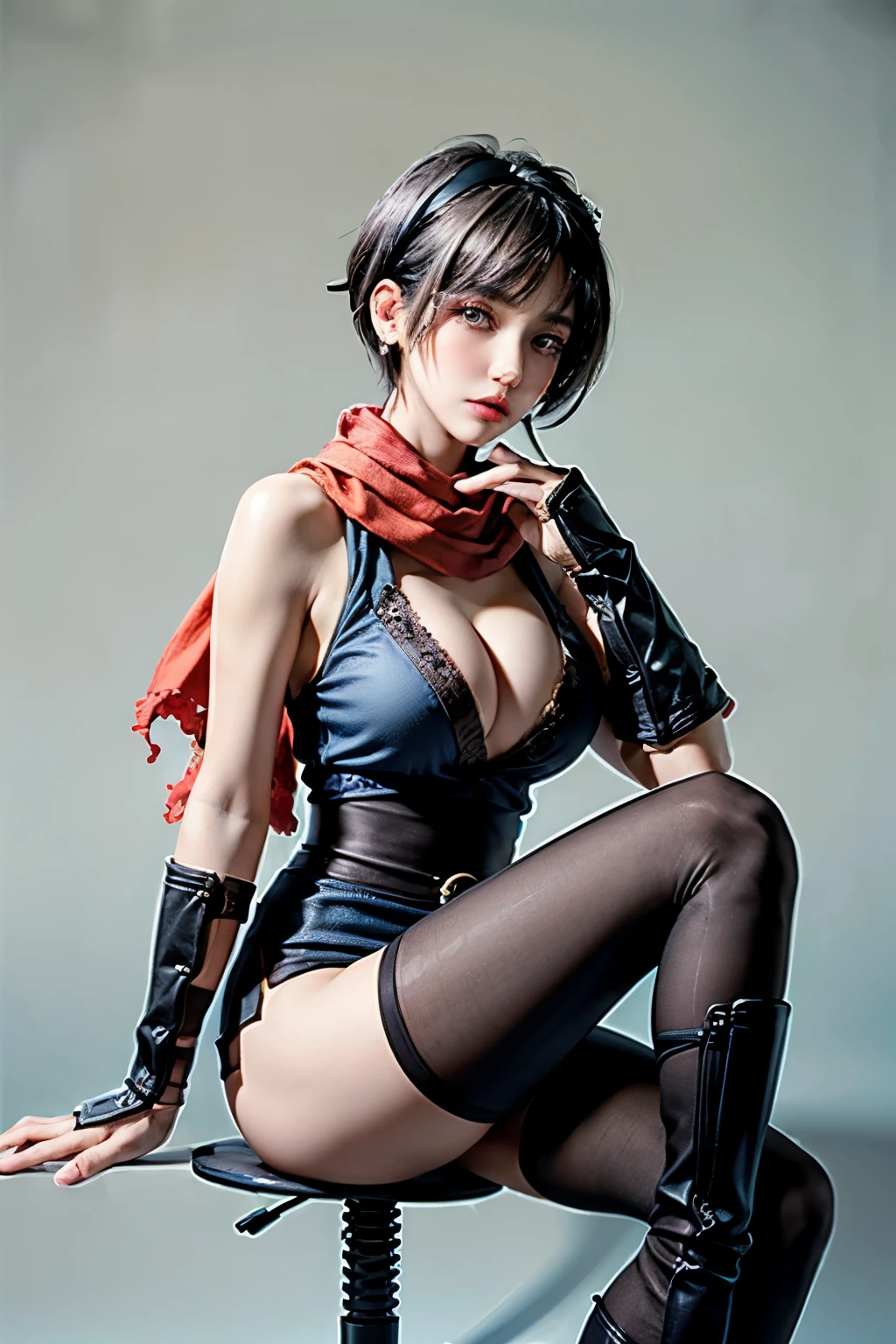 (RAW shooting:1.2, Photoreal:1.5, 8k, highest quality:1.2, masterpiece:1.2, ultra high resolution:1.2), (perfect dynamic composition:1.2, Highly detailed skin and facial textures:1.2,beautiful and aesthetic:1.2, full body:1.2, Fair skin:1.2), (large breast:1.4, Chest gap:1.4), (perfect limbs:1.2), (perfect fingers:1.2),(1girl:1.2,tall:1.2,sexy:1.2,asian:1.2,glamour:1.2,makeup:1.2),(sitting:1.2,chair:1.2,legs together:1.2),(earrings:1.2),(ragnarok_ninja:1.2),(red ninja scarf:1.2),(black short hair cut:1.2),(hairband:1.2),(simple background:1.2),(thigh tights:1.2),(ninja boots:1.2),