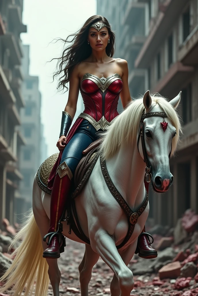 A beautiful woman Adriana Lima under the mantle of the Amazon warrior Wonder Woman red corset and navy blue pants with scales diaema in silver metal with a red star on her forehead long red boots up to her knees is a beautiful woman (((((is on a white horse with black))))) through the streets of an apocalyptic and bloody city images from the side